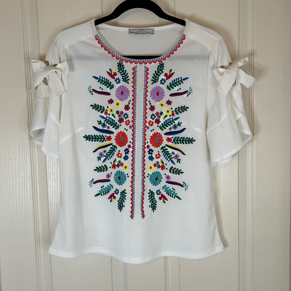 Special Person Embroidered White Shoulder Tie Sleeve‎ Blouse Top Women's L Boho